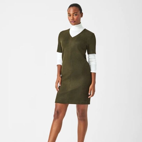 SPANX Faux Suede Column Dress In Utility Green Large - Picture 2 of 9